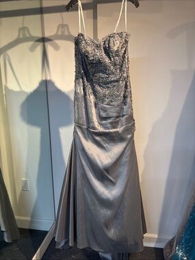 Mon Cheri Silver Strapless Beaded Evening Gown